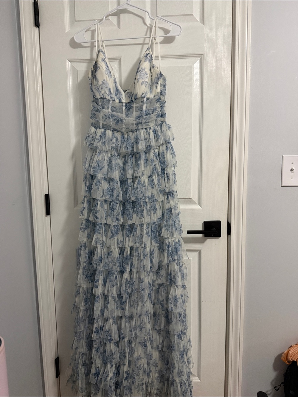 Windsor Blue and White Floral Ruffle Maxi Dress